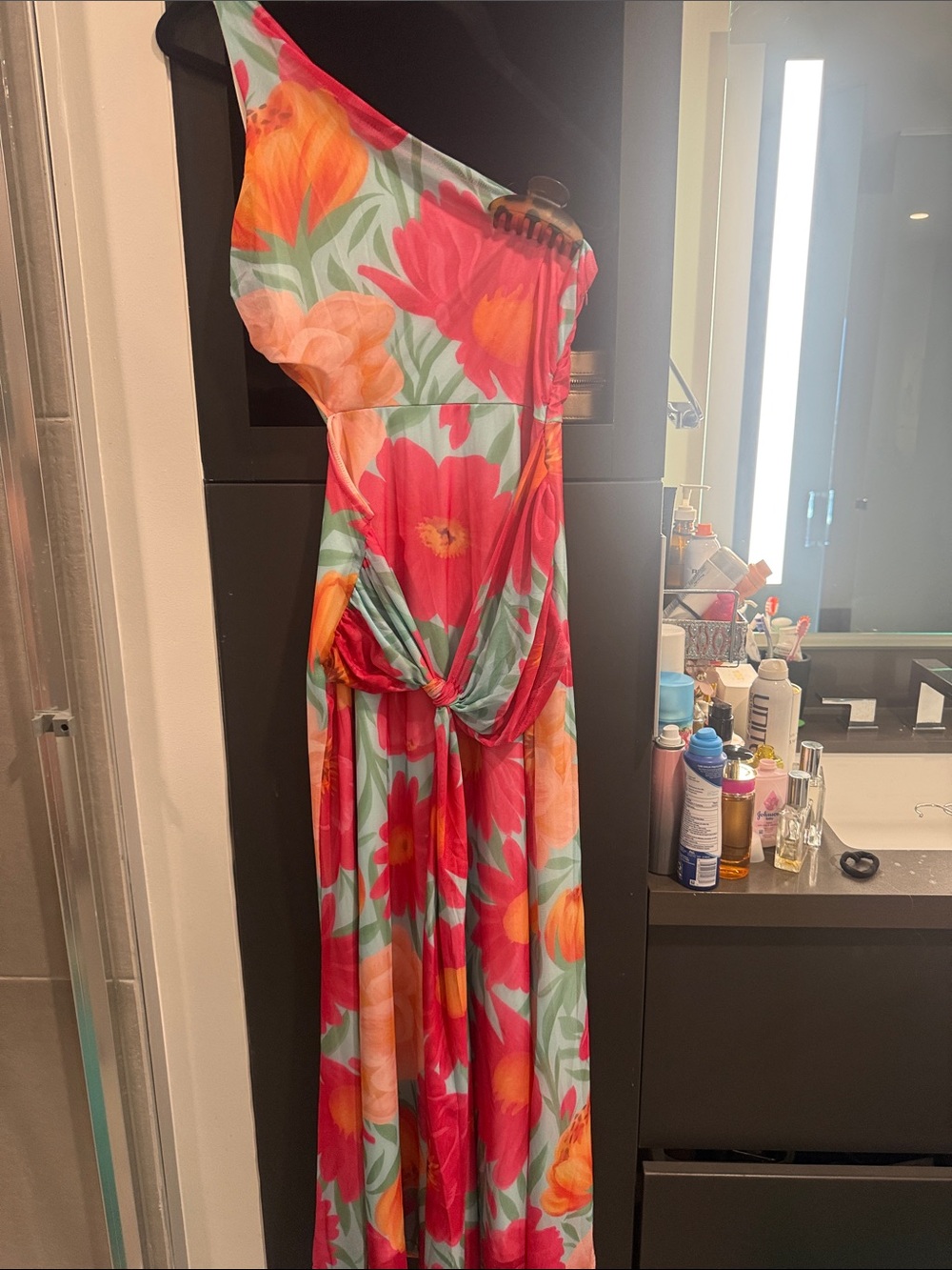 Floral One-Shoulder Maxi Dress - Pink & Orange